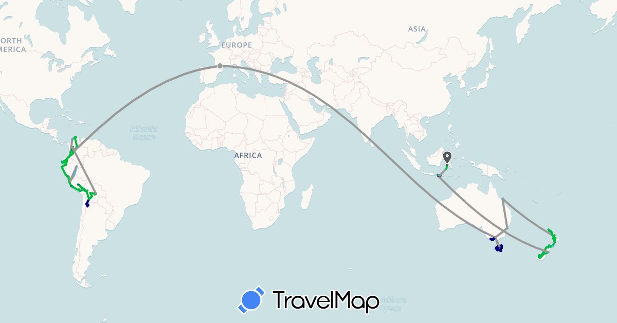 TravelMap itinerary: driving, bus, plane, cycling, hiking, boat, motorbike in Australia, Bolivia, Chile, Colombia, Ecuador, France, Indonesia, New Zealand, Peru (Asia, Europe, Oceania, South America)